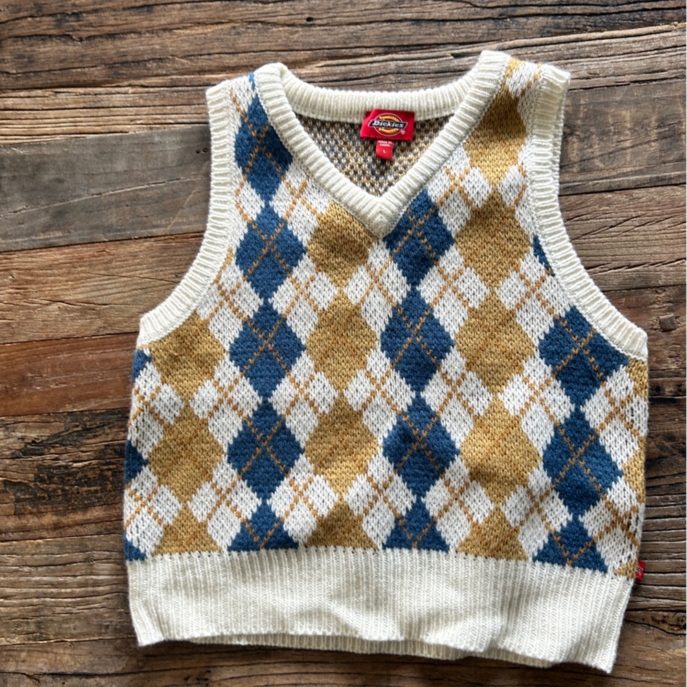 Dickies Cropped Argyle Knit Vest in Blue, Gold, and Cream